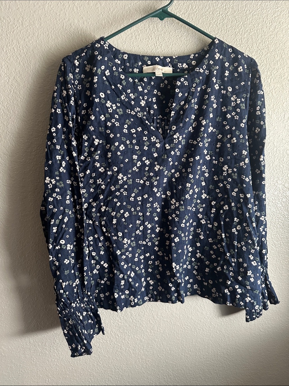 LOFT Navy Floral Long-Sleeve Peasant Blouse